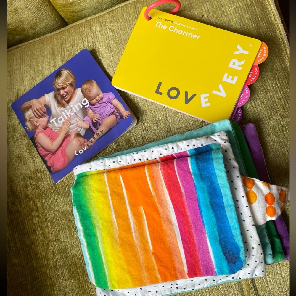 Lovevery the Charmer 3-4 mo play guide, soft book and talking topics book